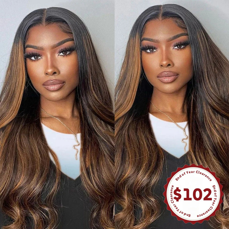 CLEARANCE Ciani | Ombre Honey Brown Highlight Preplucked Human Hair Lace Front Wig