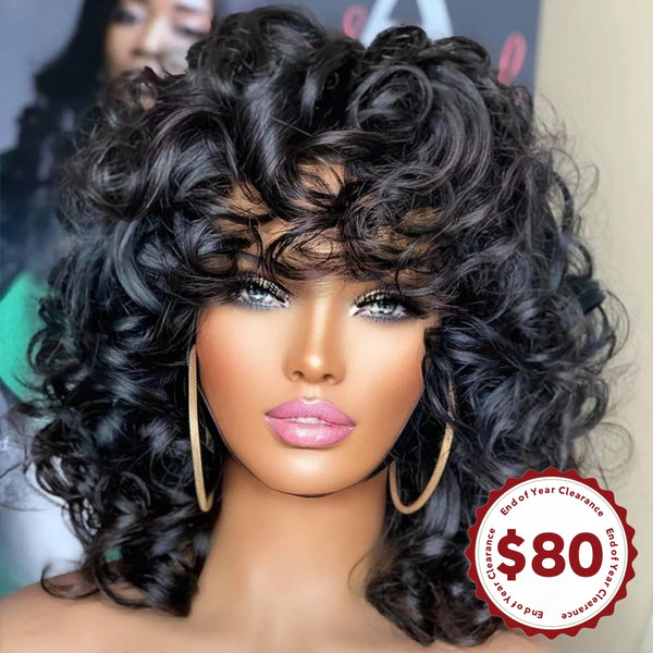 CLEARANCE Full Machine Made Bouncy Wave Human Hair Wig with Bang