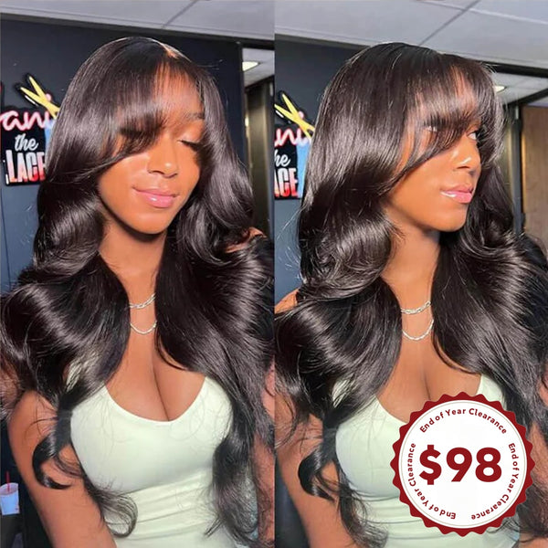 CLEARANCE 13x4 Curtain Bang Prestyle Lace Wig 250% Human Hair Wig Body Wave