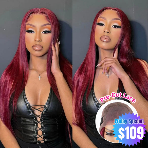 {50% Off} 5x5 Pre Cut Lace 99J Burgundy Glueless Human Hair Closure Wig