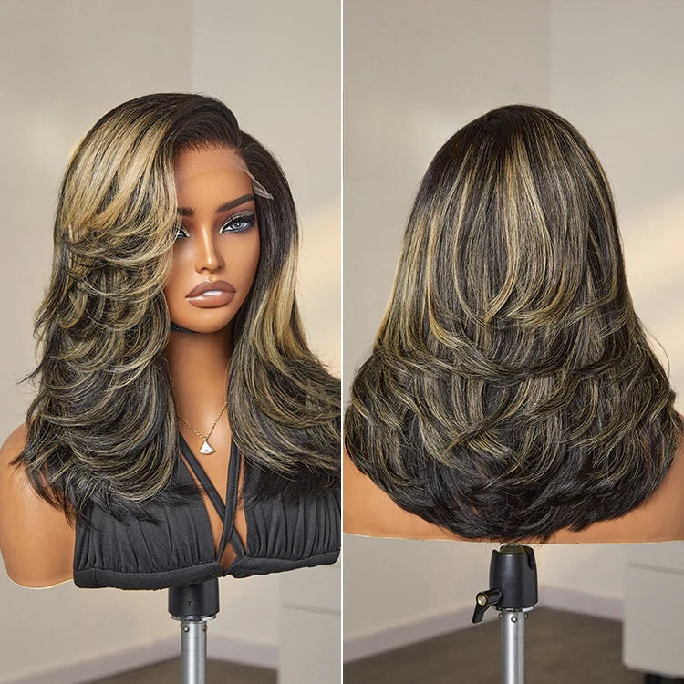 Ombre Blonde Layered Highlight Wavy Human Hair Bob Lace Front Wig