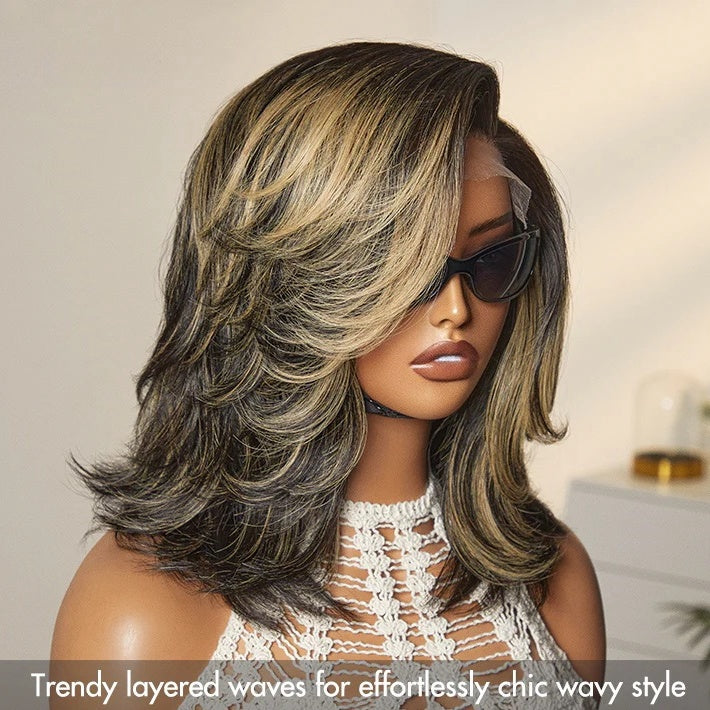 Ombre Blonde Layered Highlight Wavy Human Hair Bob Lace Front Wig