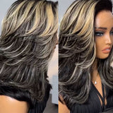 Ombre Blonde Layered Highlight Wavy Human Hair Bob Lace Front Wig