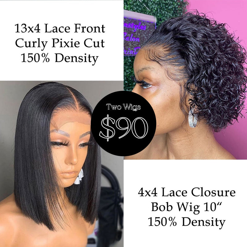 [Two Wigs $90] 4x4 Closure Bob Wig & 13x4 Curly Pixie Lace Front Wig