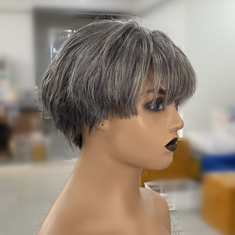 Salt and Pepper Human Hair Lace Grey Hair Pixie Cut Frontal Wig