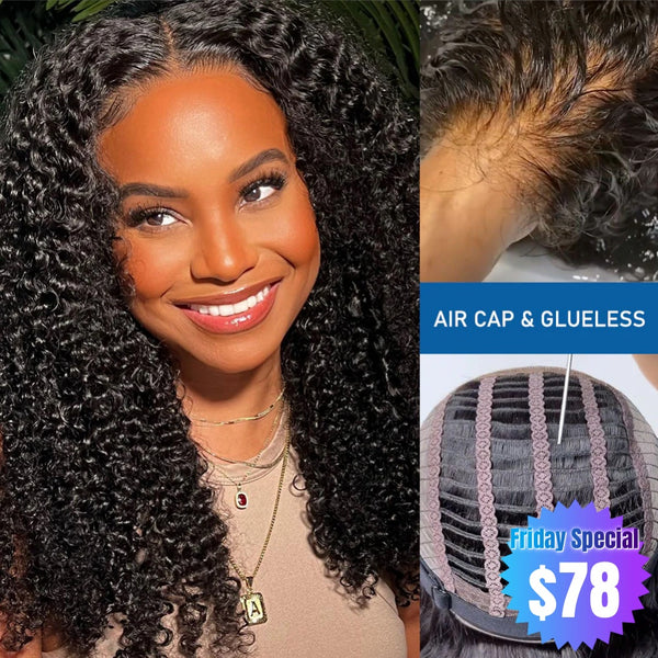 【Friday Special】Glueless Air Cap Skin Melt Swiss Lace Preplucked Human Hair Closure Wigs Kinky Curly