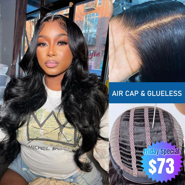 【Friday Special】 Glueless Air Cap Skin Melt Swiss Lace Preplucked Human Hair Closure Wigs Body Wave