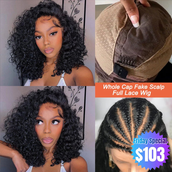 【Friday Special】Full Lace Fake Scalp Free Parting Preplucked Human Hair Deep Curly Bob Wig