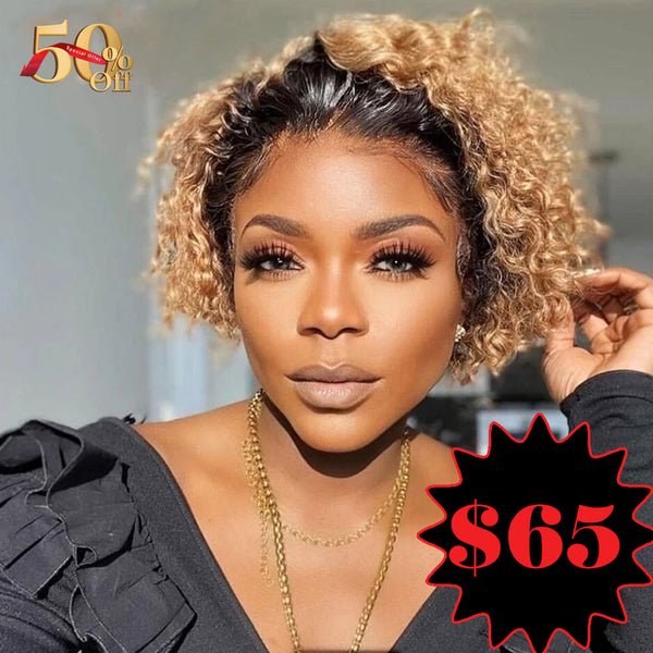 Ombre Honey Blonde Pixie Cut Virgin Human Hair Lace Front Curly Wig