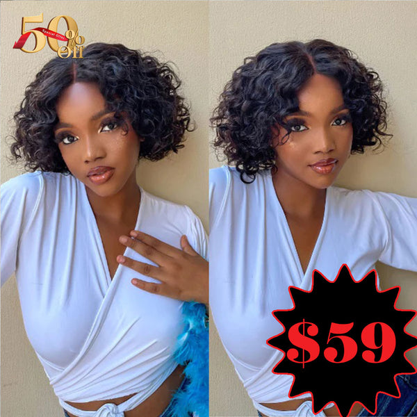 {50% Off}  13x4 Human Hair Bouncy Curls Short Styled Lace Front Wig