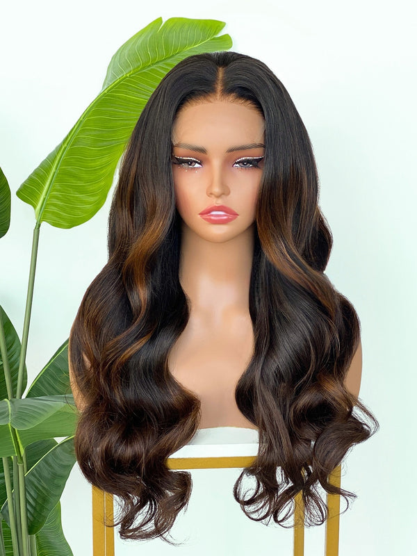 [SalonLux] 13x4 HD Lace Side Part Highlight Wavy Preplucked Human Hair Lace Front Wig