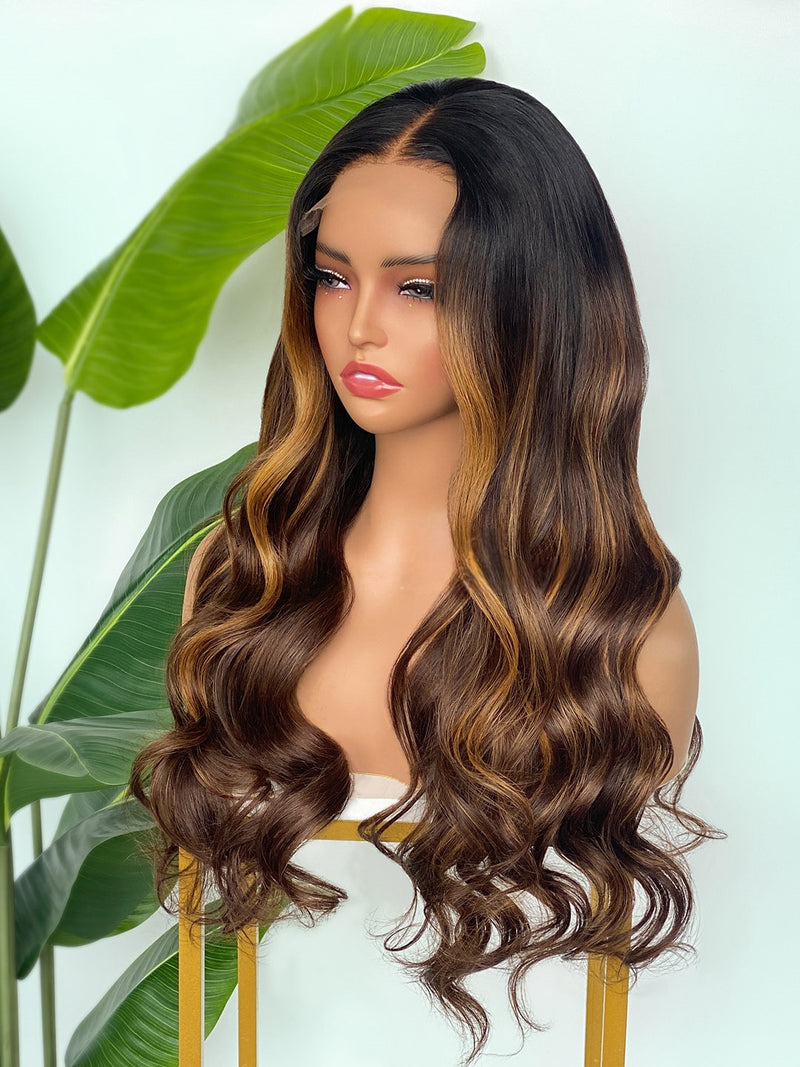 [SalonLux] 13x4 HD Lace Highlight Wavy Preplucked Human Hair Lace Front Wig