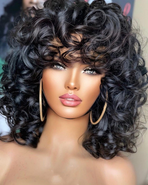 CLEARANCE Full Machine Made Bouncy Wave Human Hair Wig with Bang