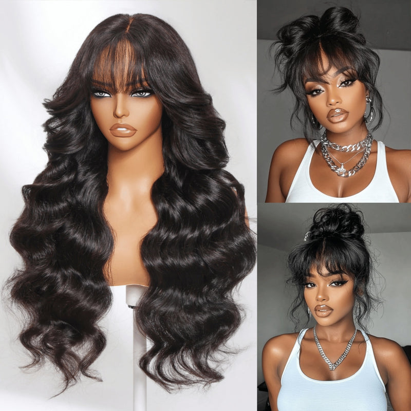 {50% Off} 7x5 Drawstring Wavy with Bang Skin Melt Lace Fitted Pre-Cut Closure Wig