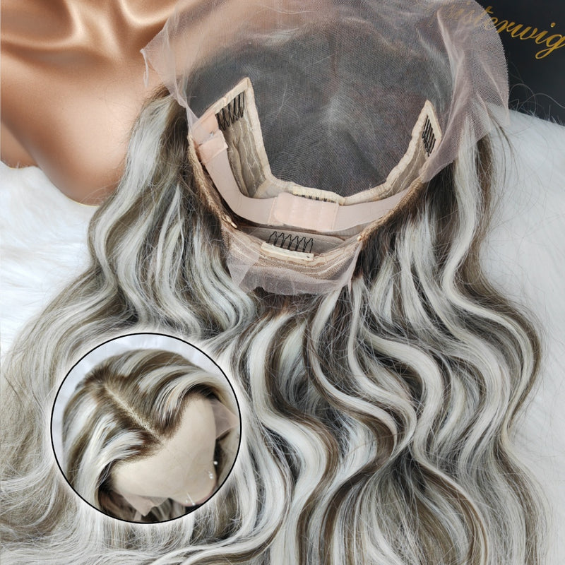 {50% Off} Highlight Platinum Grey Blonde Human Hair Body Wave Lace Front Wig