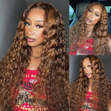 4X4/13x4 Transparent Lace Wig 250% Water Wave Human Hair Wig Brown Highlight