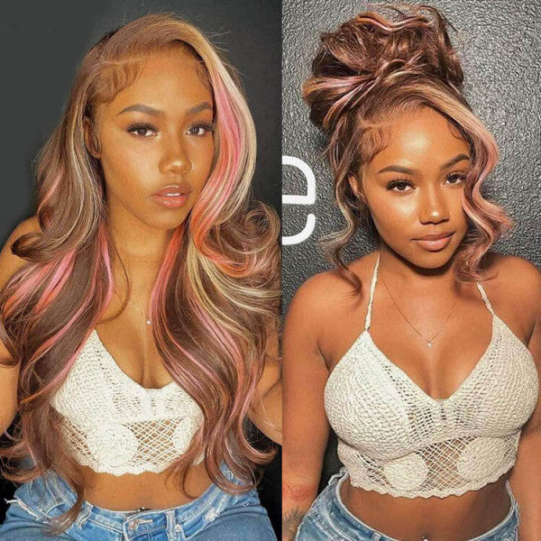 Pink Balayage Brown Highlight Blonde Human Hair Body Wave Lace Front Wig