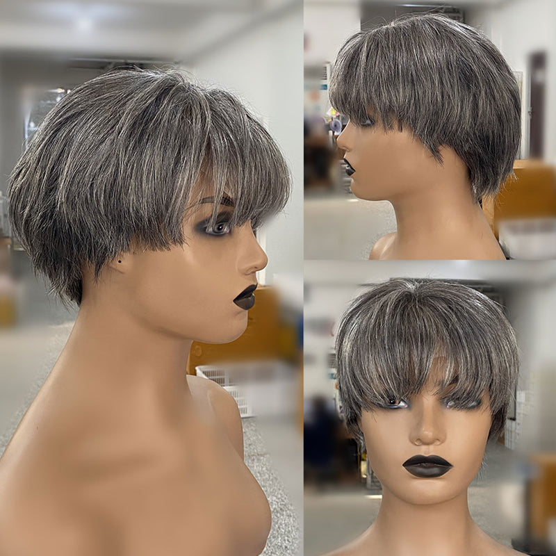 Salt and Pepper Human Hair Lace Grey Hair Pixie Cut Frontal Wig