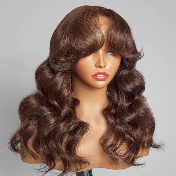 13x6 Skin Melt Lace Front Delicate Hairline Wavy Brown Wig with Bang